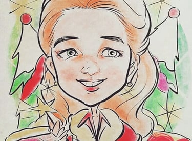 Caricature drawing of a girl in christmas costume