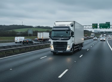 A Volvo FM truck driving on a cloudy UK motorway (M25) illustrating typical highway operating conditions.