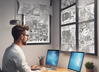 A diverse team collaborating around a laptop in a modern office space.