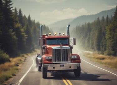 a truck driving down a road with a truck behind it