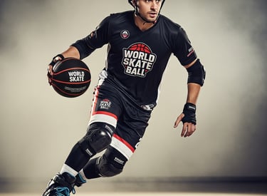 a man in a black shirt and knee pads on a skateboard