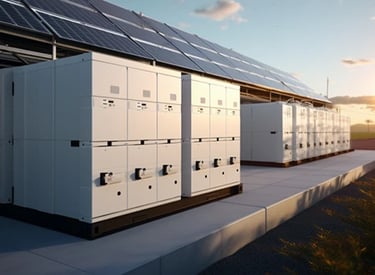 Industrial solar energy storage system with white battery cabinets under solar panels at sunset.