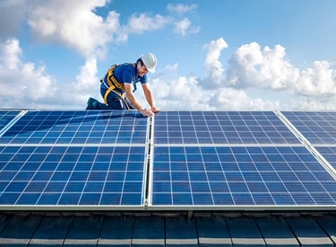 A professional technician installing solar panels on a residential roof under a bright blue sky.