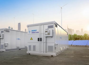 Industrial energy storage system containers at a renewable energy farm with solar panels and wind turbines.