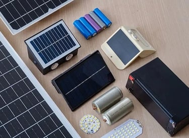 Portable solar panels, rechargeable batteries, and LED lights for DIY renewable energy projects.