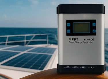 An MPPT solar charge controller installed on a boat deck with marine solar panels and ocean background.