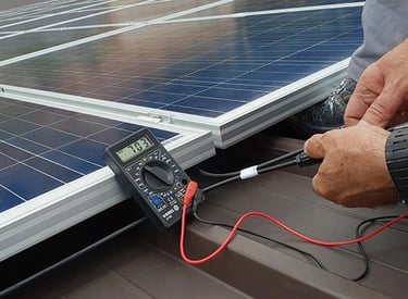 Technician using a digital multimeter to test the voltage of solar panels on a rooftop installation.