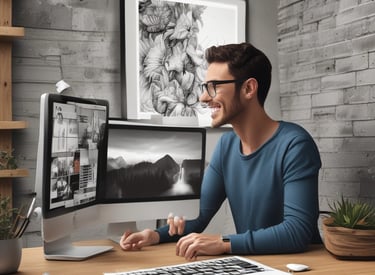 Large, three-dimensional letters spelling out the word 'STUDIO' are positioned against a modern architectural structure. The letters are bold and cast shadows due to a light source from the side, and the overall color scheme is monochrome.