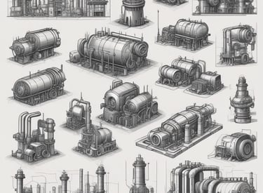 A well-maintained industrial or mechanical room featuring a variety of metal machinery and pipes. There is a large valve wheel and various gauges and switches, suggesting it may be part of a ship's engine room or an industrial plant.