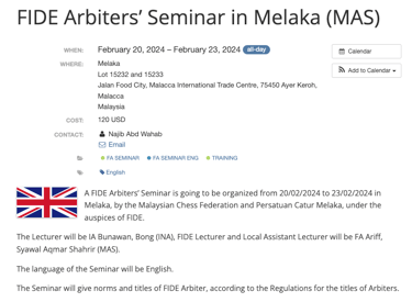 MCF To Organize An Fide Arbiter FA Seminar In Melaka, Malaysia During Commonwealth