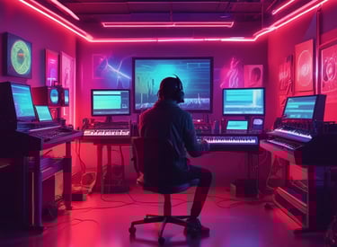 A person wearing headphones operates a sound mixing console in a radio studio. Surrounding them are various pieces of audio equipment, computer monitors displaying different software interfaces, and a microphone setup. There is a calendar and some notes on the desk.