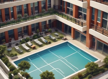 A modern residential building with lush greenery and sleek architecture, bathed in warm evening light.