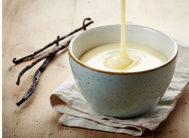 Thick vanilla custard being poured into a blue ceramic bowl next to fresh vanilla beans on a wooden table.