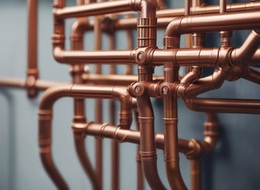 A white air conditioning unit is placed outside against a wall which is partially in shadow. Some branches with leaves are visible emerging from behind the wall. The background features a modern facade with vertical piping and a wire mesh design.