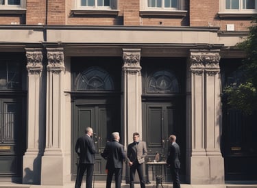 An air conditioning unit is mounted on the exterior wall of a building. Above it, a telecommunications tower reaches into the sky, surrounded by fluffy white clouds under a bright blue sky. The structure of the building is made of light-colored concrete and the air conditioning unit is metallic with visible fans and grills.