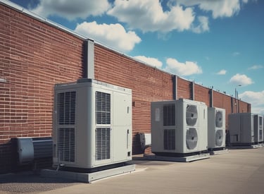 A modern, rectangular air conditioning or heating unit with the logo 'alpha innotec' is installed outside a building with a dark gray brick exterior. The unit is positioned against a light concrete wall, and there is overgrown grass along the edge of the pavement.