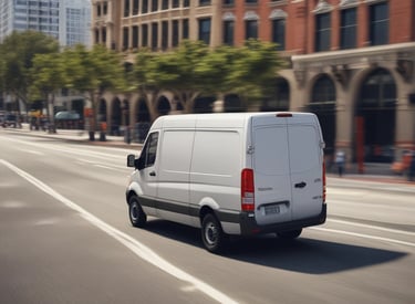 A cargo van driving on a highway under a clear blue sky.