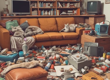 A cluttered room being organized by professionals, showing clear pathways and order.