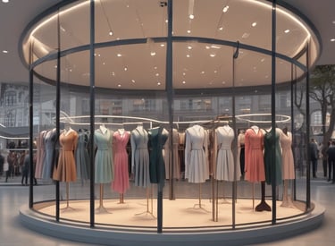 Several workers are suspended on ropes, cleaning the tall windows of a modern building. The building facade is covered with various advertisements and exhibits a sleek, industrial design. Two people are standing on the ground, watching the operations.