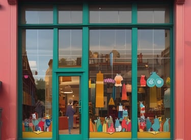 a dog sitting in a display case with stuffed animals