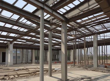 A modern building facade features a combination of concrete and large glass panels. A distinctive triangular teal-blue metallic element runs vertically along part of the structure, adding a unique architectural detail. Windows of varying sizes are present, some reflecting light, contributing to a sleek and contemporary design.