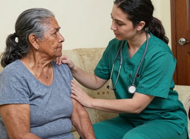 A warm caregiver sharing a smile with an elderly woman in a cozy living room.