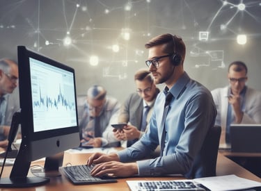 A dimly lit desk setup featuring a computer monitor displaying a document titled 'General Hardening Guideline'. The desk has a mechanical keyboard with blue and red keys, a lamp providing light on the right side, and various small items including notes pinned to the wall, a notebook, and a cup. There is a mesh office chair in front of the desk.