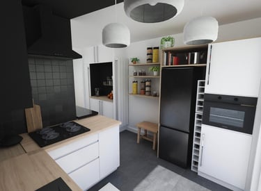 Vue 3D projet cuisine rénovée blanc bois noire