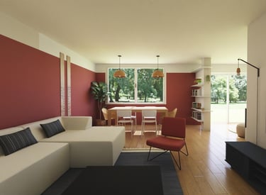 3D salon rouge et beige japandi