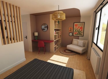 Vue 3D chambre avec coin bureau