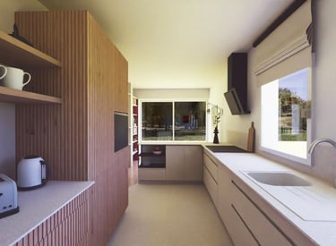 Vue 3D cuisine après rénovée bois beige