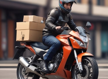 a man riding a motorcycle with a box on it