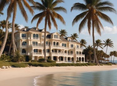 A luxurious beachfront property with a large, elegant building set behind a pristine sandy beach. Palm trees and small thatched structures provide shade along the shoreline. The sea in the foreground is calm and blue, contrasting with the light-colored architecture of the estate.