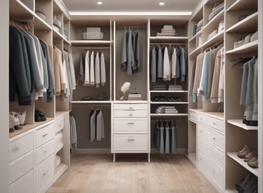 A modern and organized wardrobe with sliding doors, featuring a section with neatly hung shirts and a second section with folded clothes and boxes. To the left, there is a built-in vanity area with a circular mirror, small vanity table, and an elegant stool with woven fabric. The shelves contain handbags, shoes, and decor items. Soft lighting illuminates the space, highlighting the minimalist design.