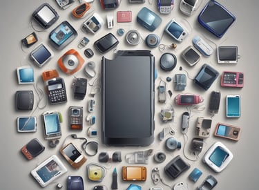 A hand holds a round, black electronic device with a logo. A blurred background of green leaves creates an outdoor atmosphere. A smartphone lies on a wooden table, and an open laptop is partly visible.