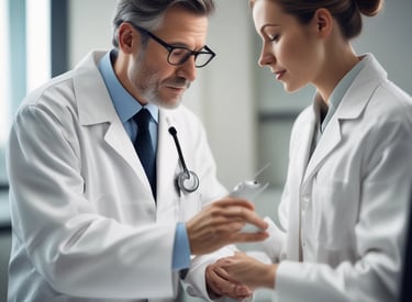 A man is receiving a medical check-up or test from a female healthcare professional who is sitting at a table outside. The man is smiling and wearing a yellow t-shirt, while the professional is dressed in a white coat. There are several people standing around, likely part of an event or fair. Medical supplies and informational materials are scattered on the table.