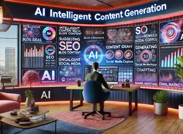A creative AI workspace where intelligent content generation takes place. An AI assistant collaborat