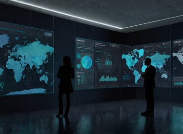 two people standing in front of a large screen with a map of the world