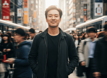 A man standing in a crowded city street walking with confidence