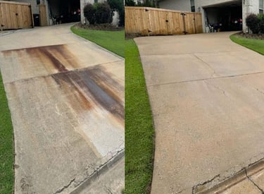 Driveway before and after pressure washing, eliminating stains and dirt