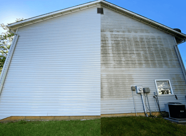 House exterior before and after soft washing, restoring its clean look