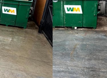 Dumpster area before and after power washing, removing stains and buildup