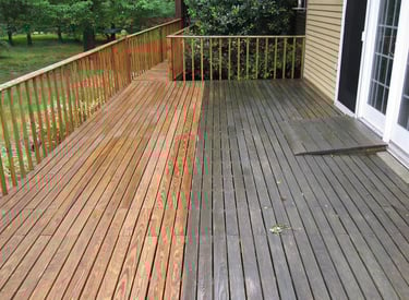 Wood deck before and after soft washing, removing mold and grime