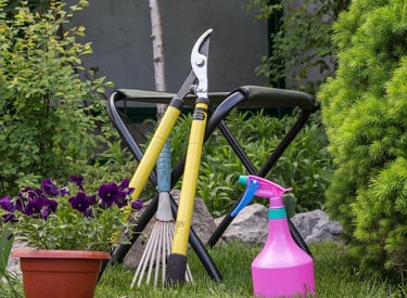 des outils de jardinage dans un jardin fleuri