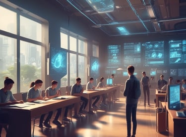 A classroom setting with a group of students seated and facing a large chalkboard filled with mathematical equations and diagrams. A teacher stands at the front, engaging with the students. The room has a warm lighting atmosphere with track lights on the ceiling, and various personal items like water bottles are visible on the desks.