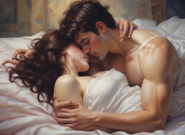 a man and woman in bed with a white sheet