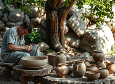 Pottery artist shaping wild clay on a wooden wheel,