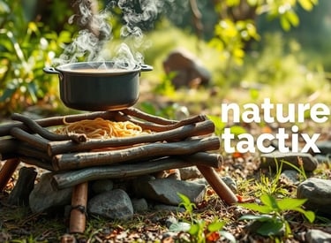 improvised ramen noodle stove in a natural outdoor setting, made from sticks and stones, with a pot 