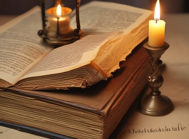 an open book on a table with candles burning beside it