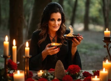 Guía espiritual realizando un ritual personalizado en un bosque, rodeada de velas encendidas y rosas rojas, sosteniendo un cu